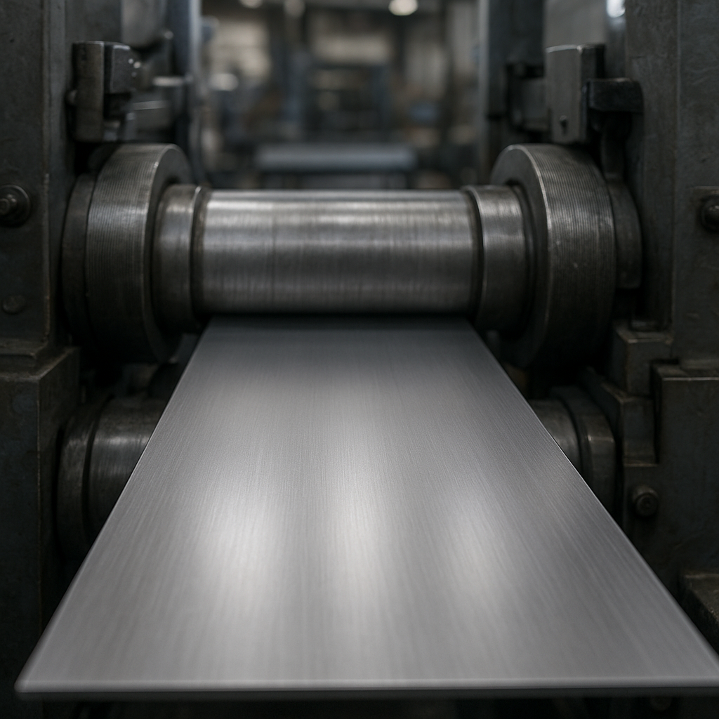 Aço laminado a frio passando por cilindros de laminador
