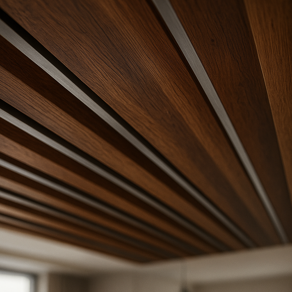 Detalhe de forro ripado combinando madeira e metal galvanizado