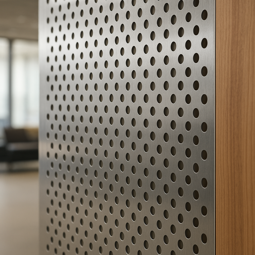 Parede interna revestida com chapa metálica perfurada