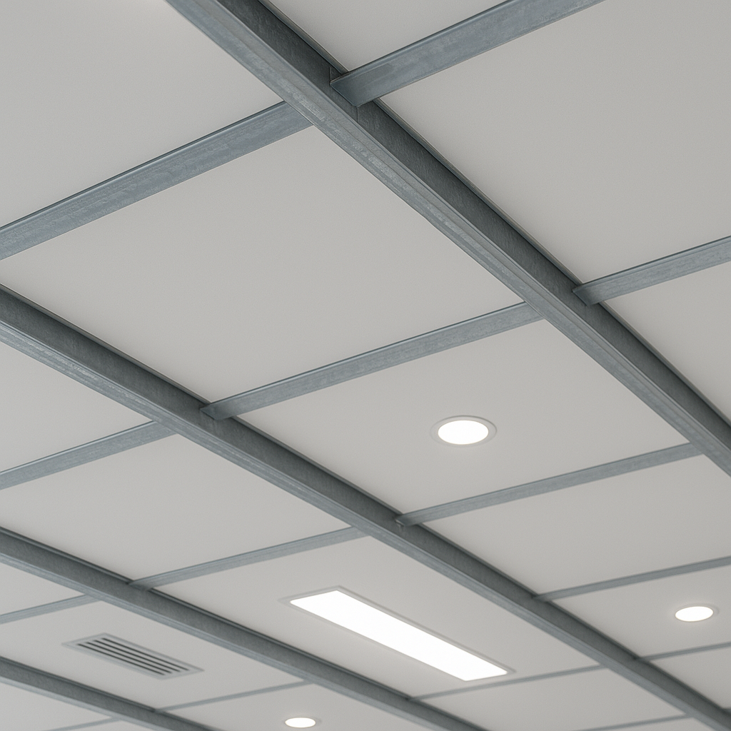 Estrutura de perfil metálico sustentando placas de forro de PVC